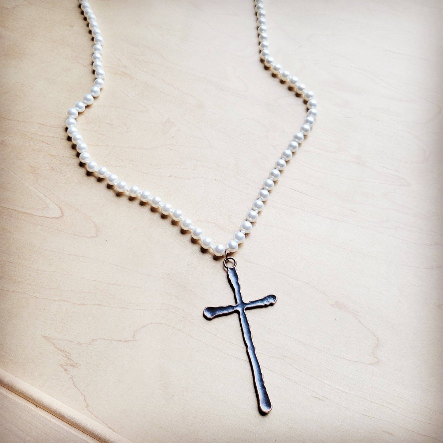 Extra Long Pearl Beaded Necklace w/ Copper Cross