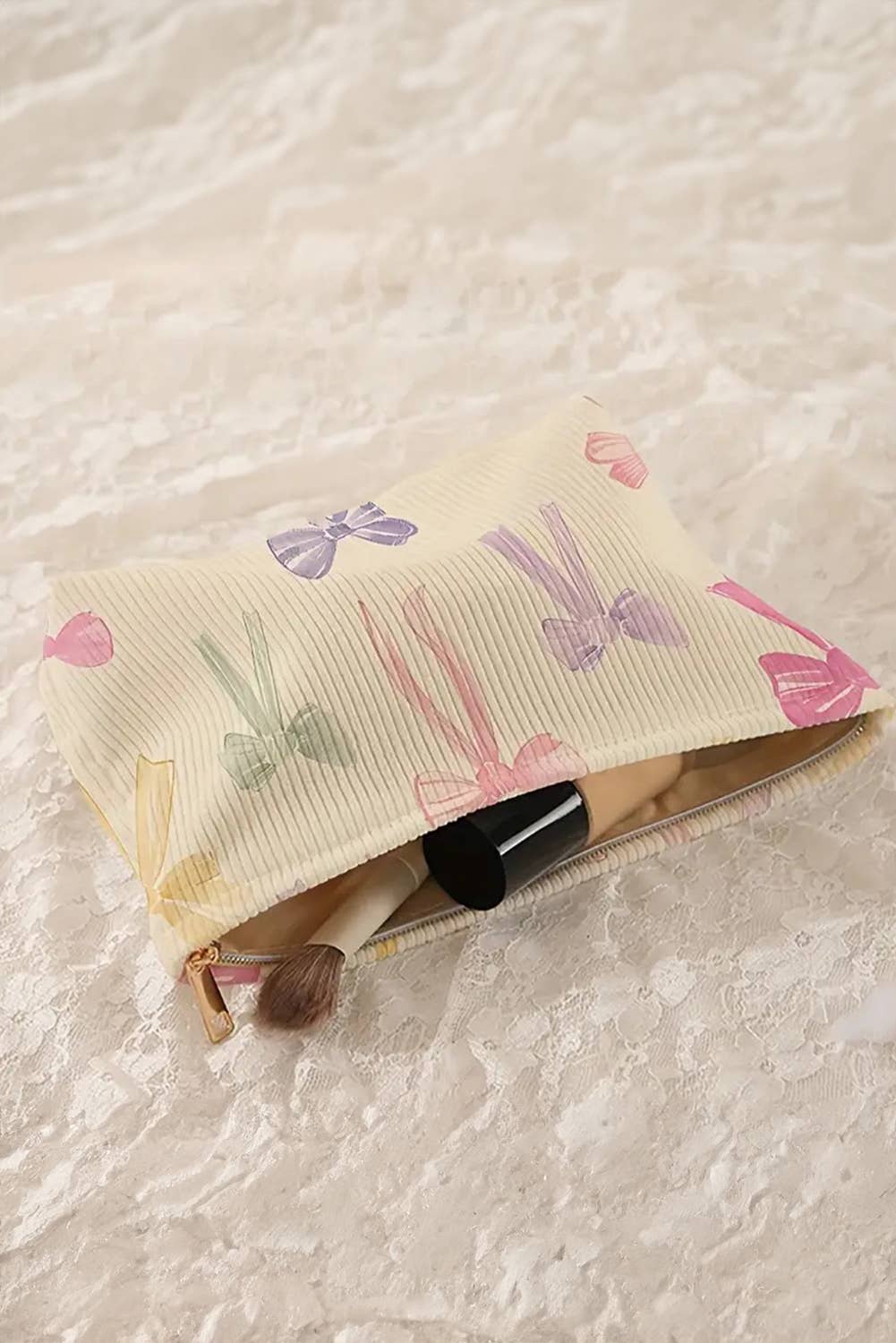 Bow Knot Print Zipper Corduroy Large Cosmetic Bag