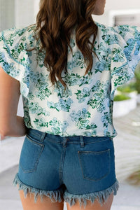 Floral Stripe V Neck Flutter Sleeve Blouse