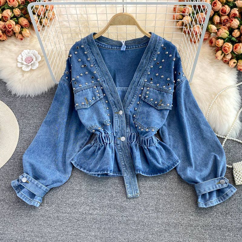 Beaded V-Neck Long Sleeve Denim Jacket