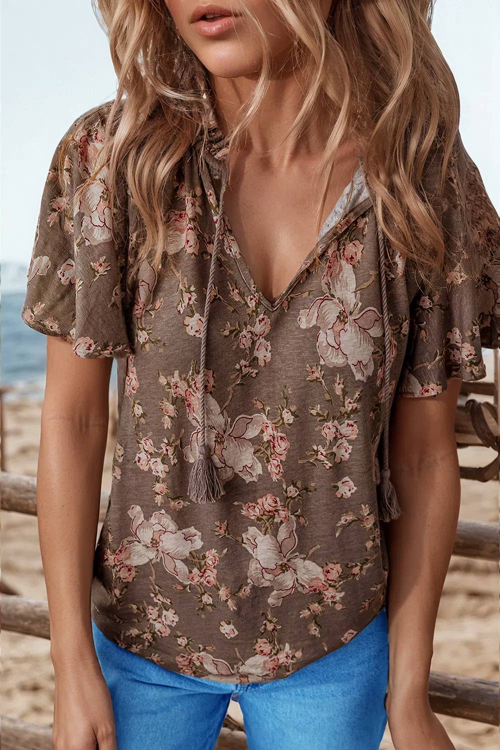 Fashion-W Retro Floral Print Tassel Tie Split Neck Blouse