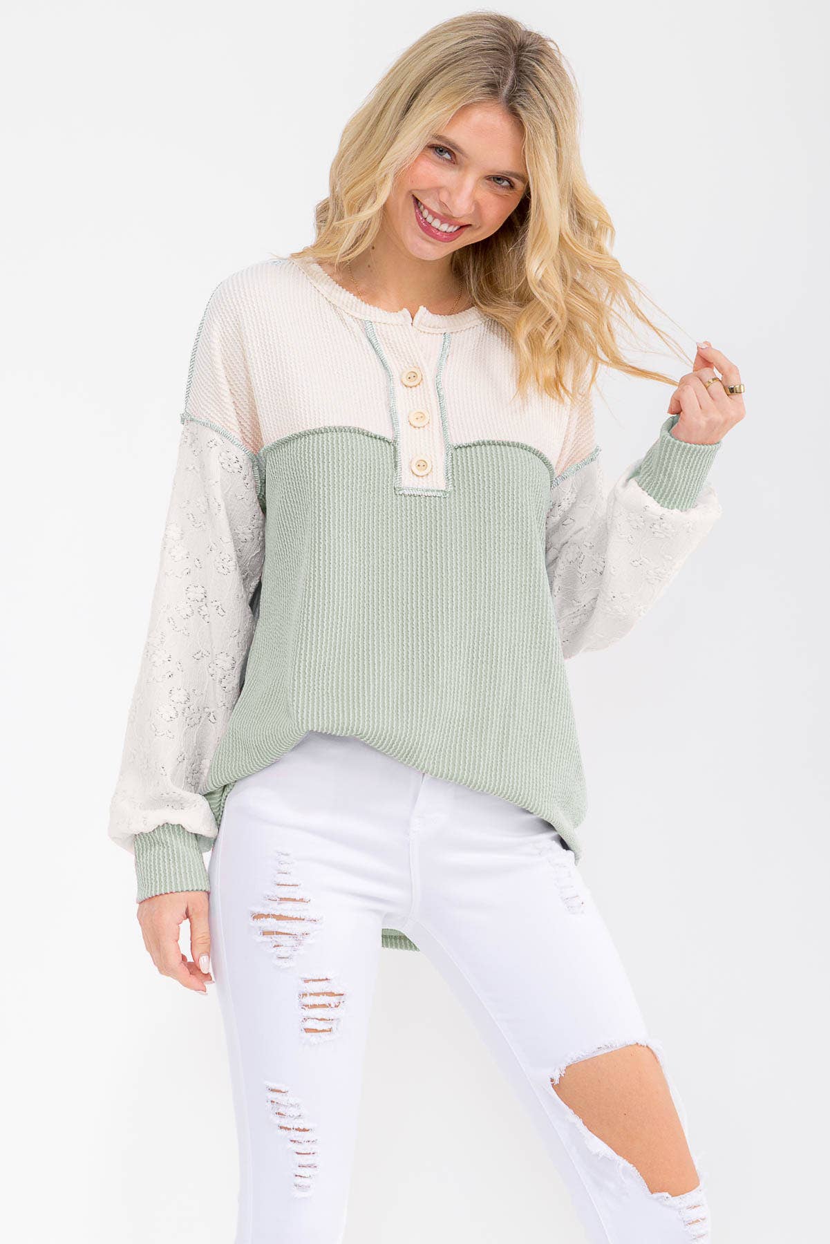 Two Tone Rib Knit Lace Sleeve Henley Top