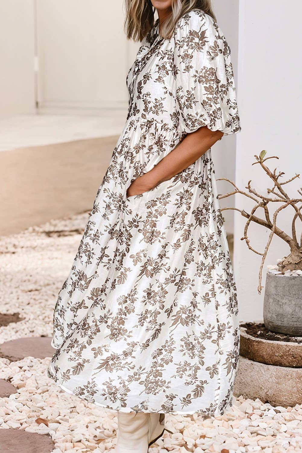 Floral Puff Sleeve V Neck Buttoned Front Maxi Dress