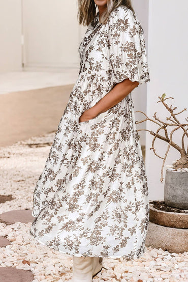 Floral Puff Sleeve V Neck Buttoned Front Maxi Dress