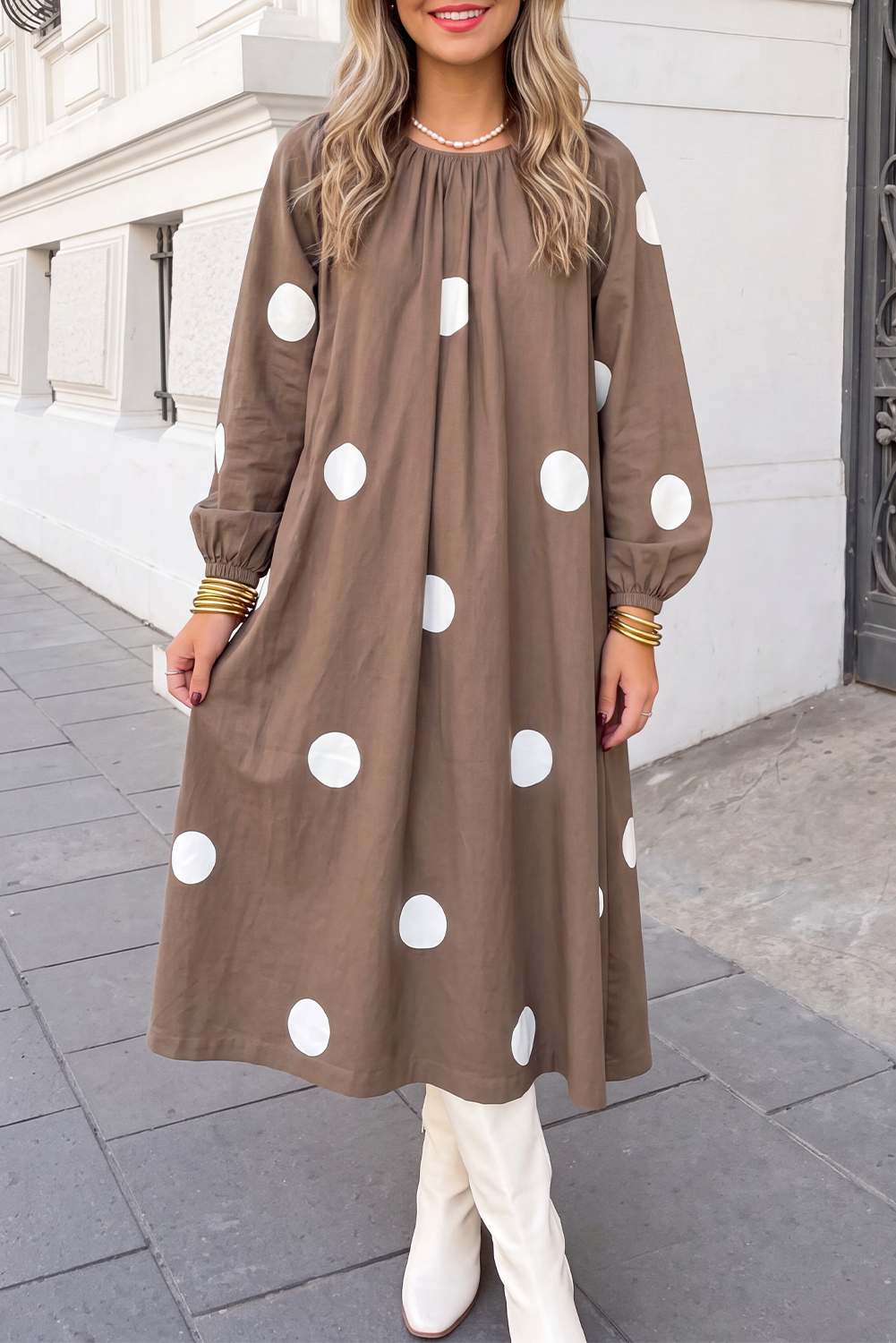 Bow Back Polka Dot Long Sleeve Midi Dress