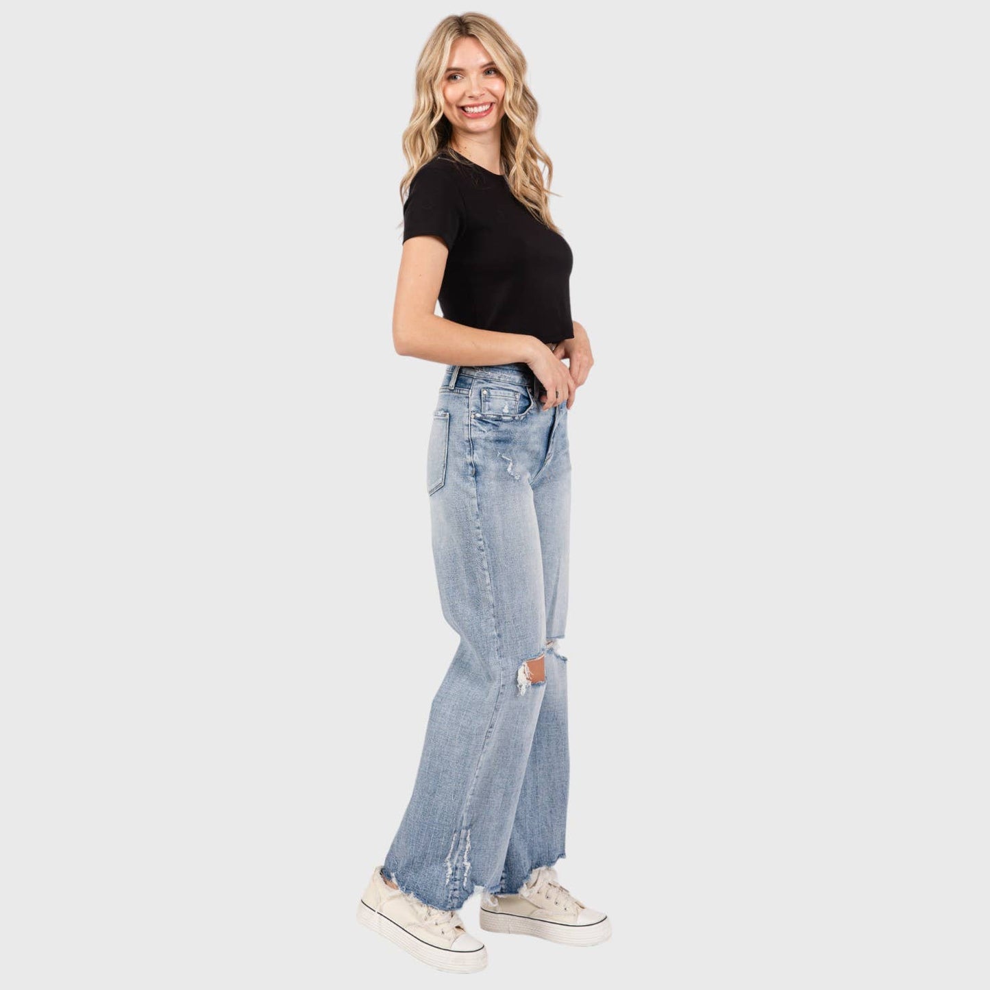 DISTRESSED HIGH RISE COMFORT VINTAGE FLARE JEANS