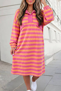 Stripe Long Sleeve Polo Neck Midi Dress