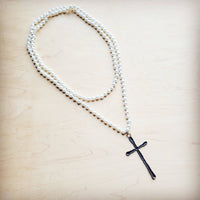 Extra Long Pearl Beaded Necklace w/ Copper Cross