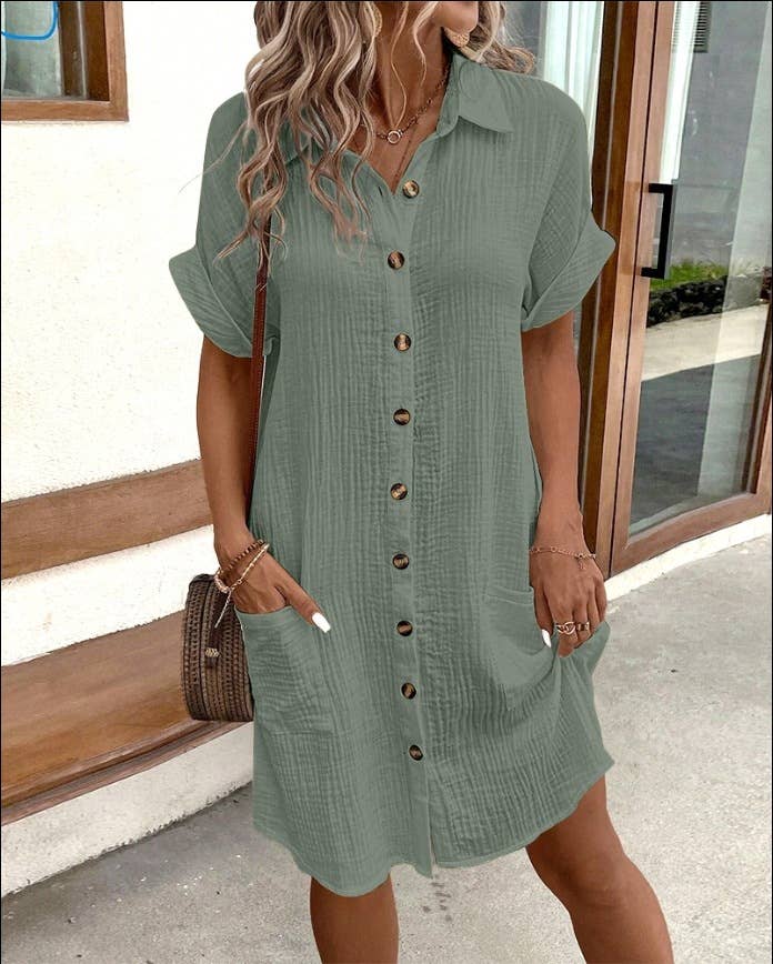 Casual Single-Breasted Midi Shirt Dress