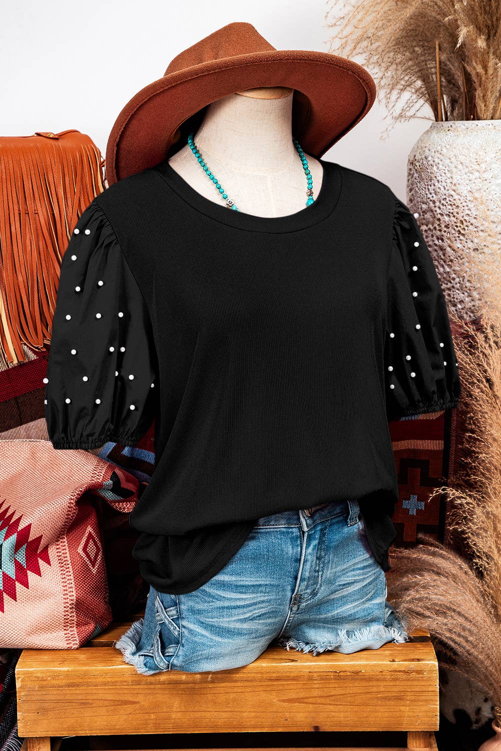 Ribbed Pearl Beaded Puff Sleeve Top