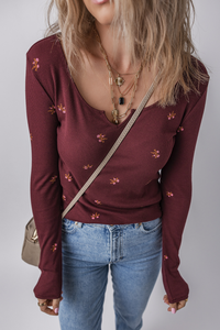 Notched Neck Floral Print Ribbed Long Sleeve Top