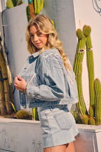Chevron Fringe Studded Sparkle Denim Jacket