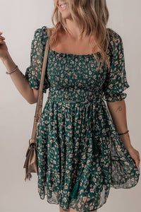 Floral Mesh Overlay Shirred Square Neck Ruffle Dress