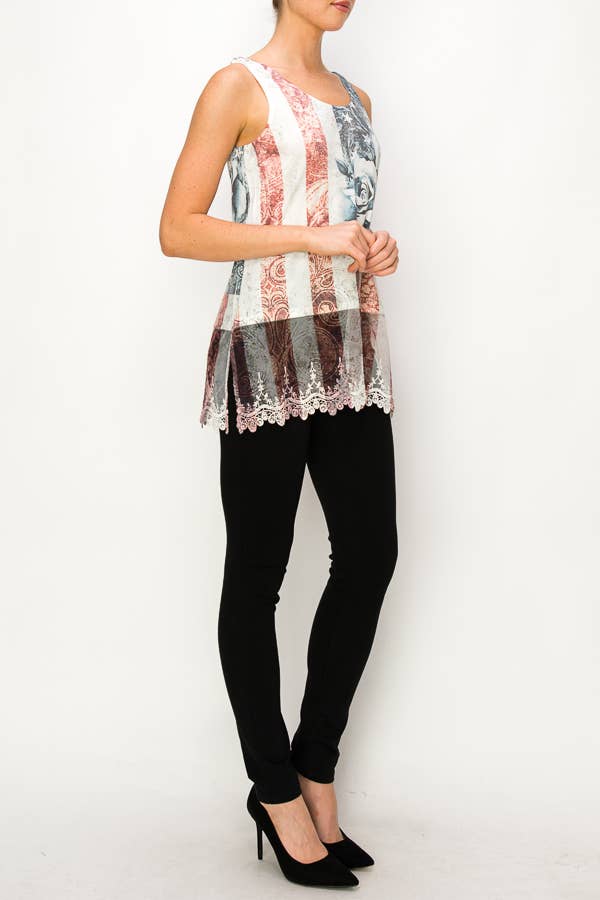 Soft Relaxed Tank with Delicate Floral Laced Hem