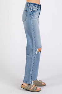 High Rise Stretch Slim Wide Leg W/ Destroyed Hem