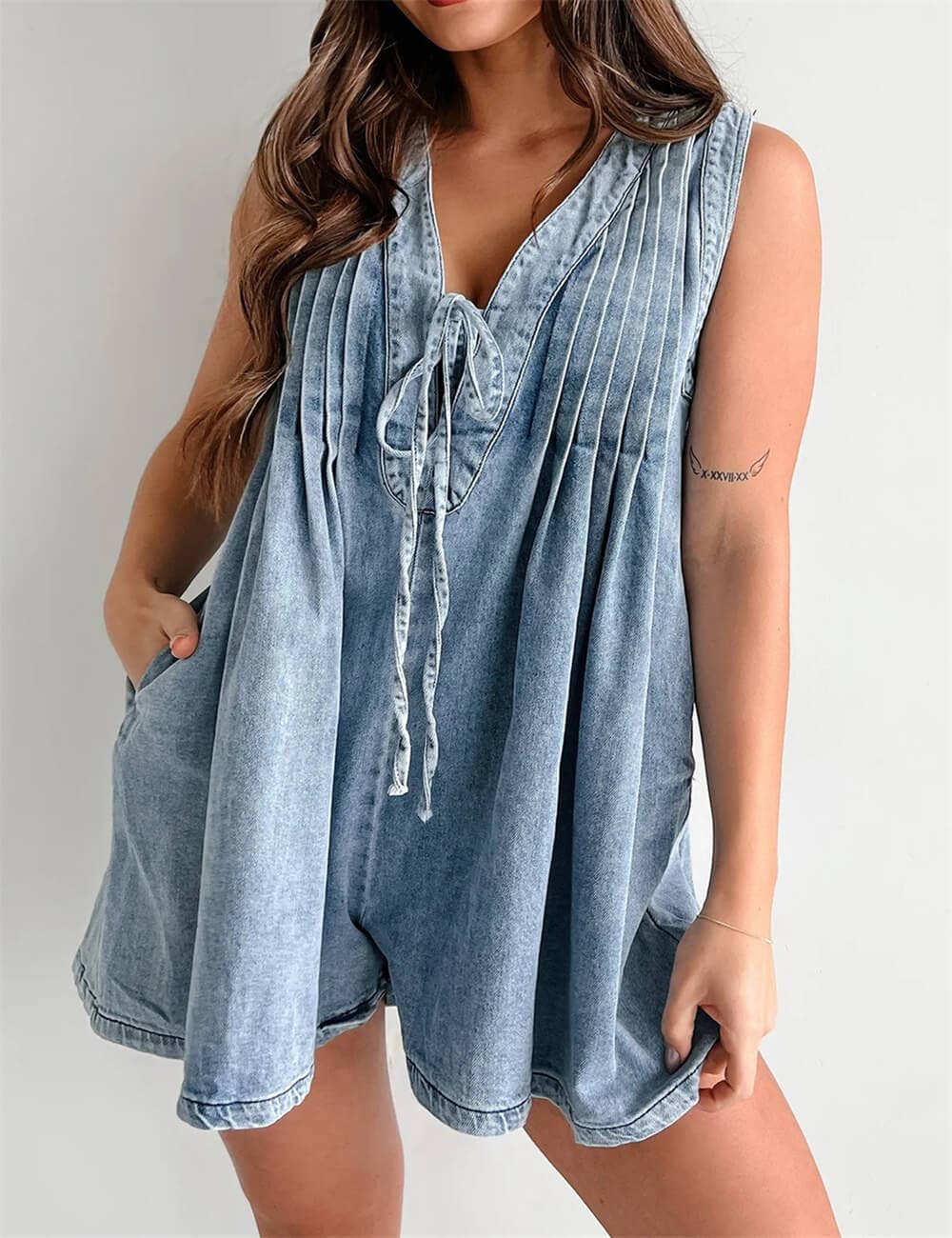 Front Tie V-Neck Denim Romper