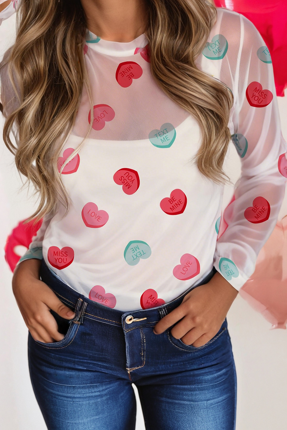 Heart-shaped Round Neck Valentines Day Shift Mesh Blouse