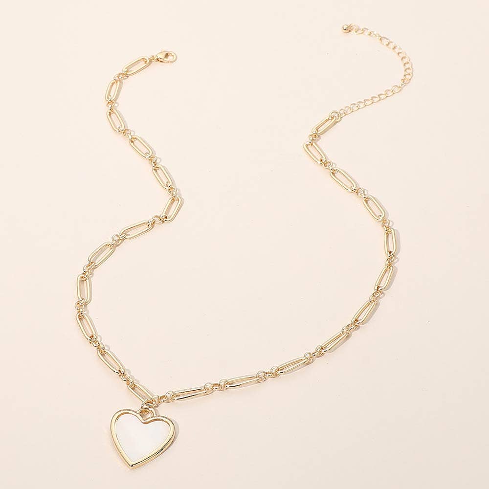 Mother of Pearl Heart Pendant Paperclip Chain Necklace