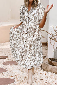 Floral Puff Sleeve V Neck Buttoned Front Maxi Dress