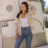 Intricate Crochet Lace Bell Sleeve Western Jacket Shrug