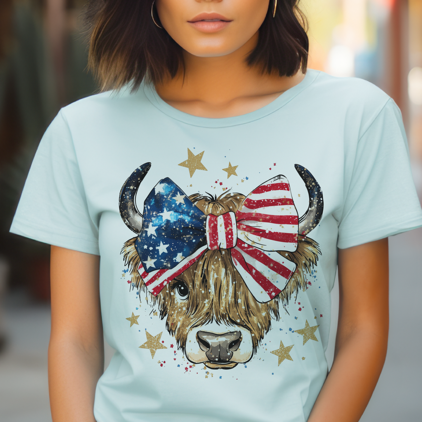 Patriotic Highland Cow USA Bow Graphic Tee