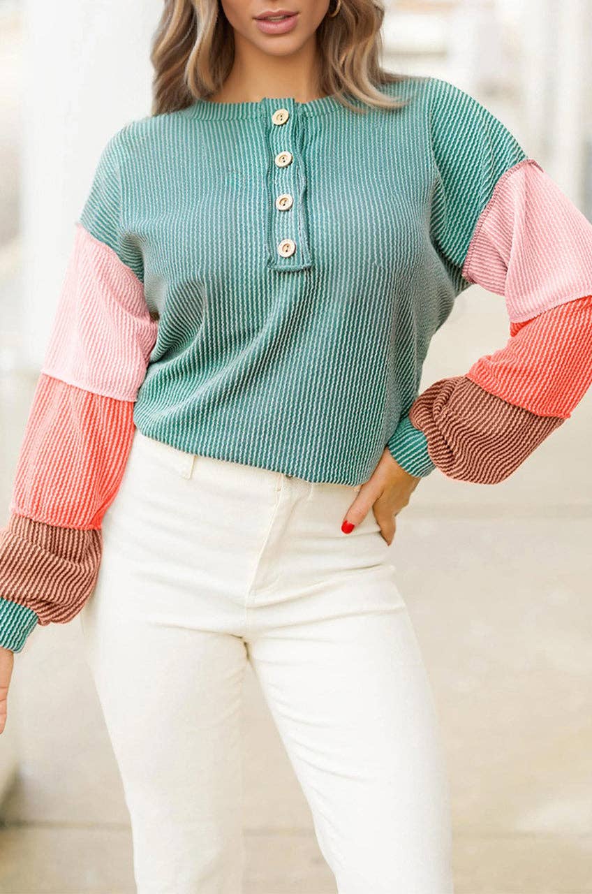 Colorblock Corded Knit Long Sleeve Henley Top