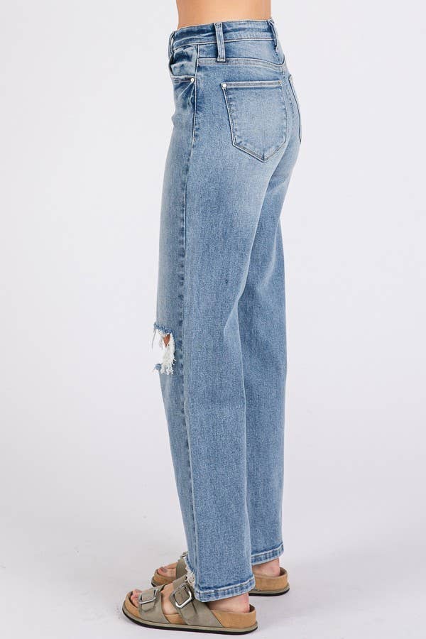 High Rise Stretch Slim Wide Leg W/ Destroyed Hem