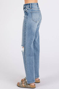 High Rise Stretch Slim Wide Leg W/ Destroyed Hem