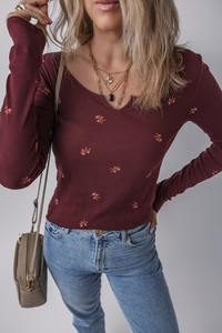 Notched Neck Floral Print Ribbed Long Sleeve Top
