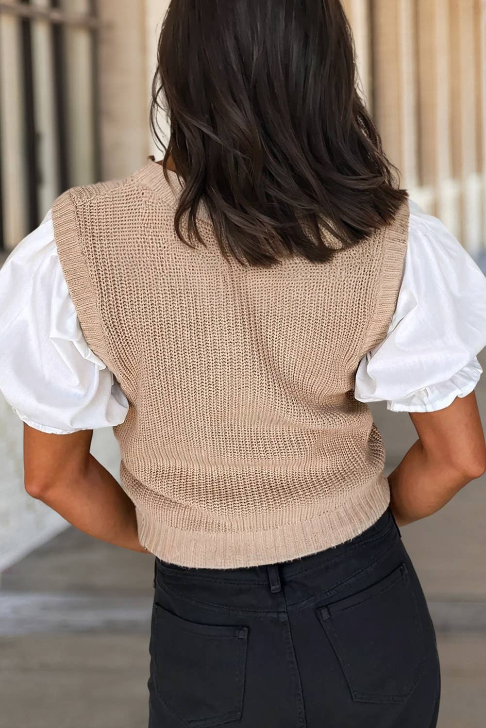 Solid Knit Short Sleeve Patchwork Sweater Top