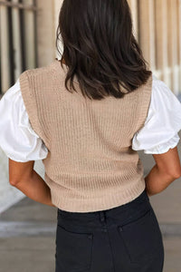 Solid Knit Short Sleeve Patchwork Sweater Top