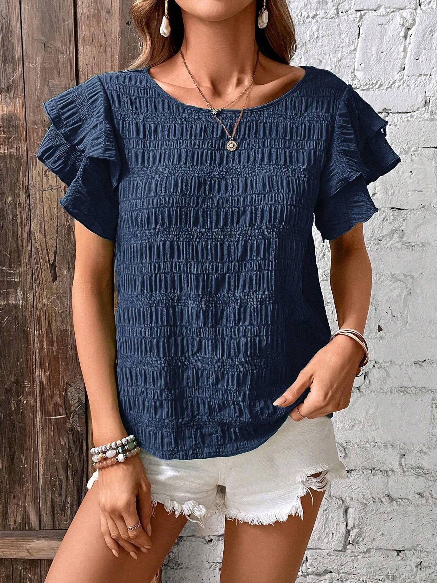 Double Layered Ruffle Sleeve Round Neck Temperament T-shirt