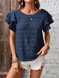 Double Layered Ruffle Sleeve Round Neck Temperament T-shirt