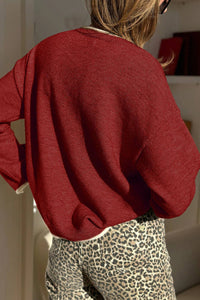 Leopard Bow Split Cuff Contrast Knit Sweater
