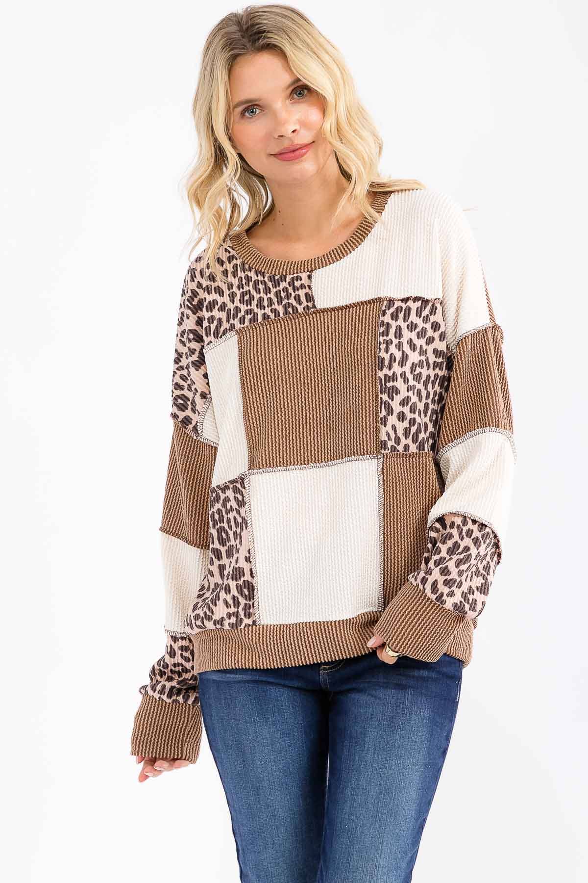 Leopard Patchwork Color Block Rib Knit Top