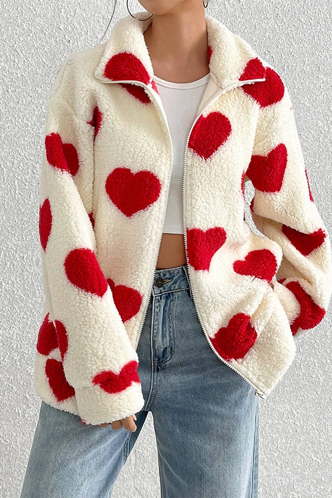 Valentine Heart Pattern Zipper Front Winter Fleece Coat