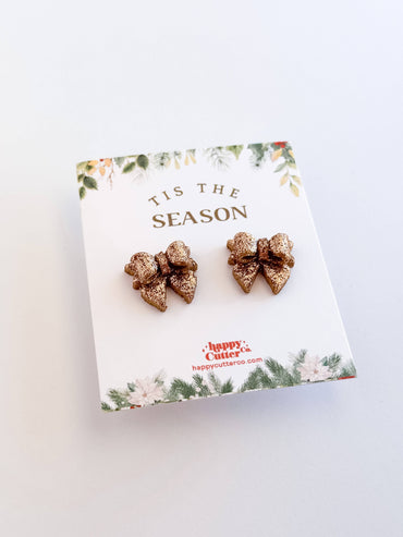 Christmas Studs - Gold Glitter Bow Holiday Stud Earrings