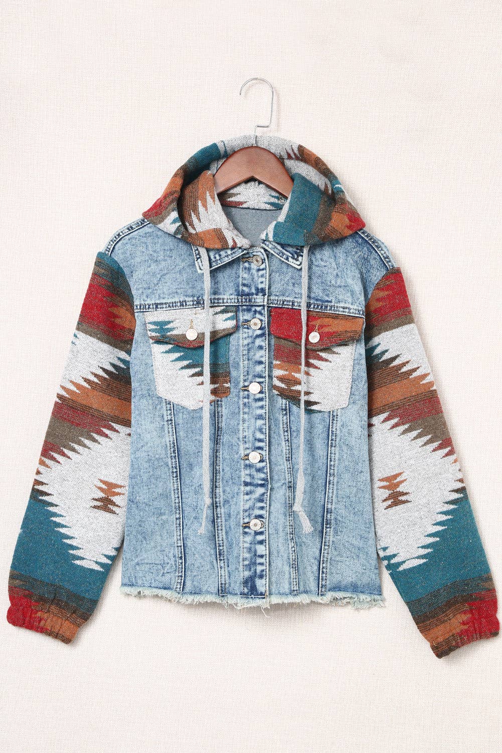Aztec Denim Frayed Hem Jacket