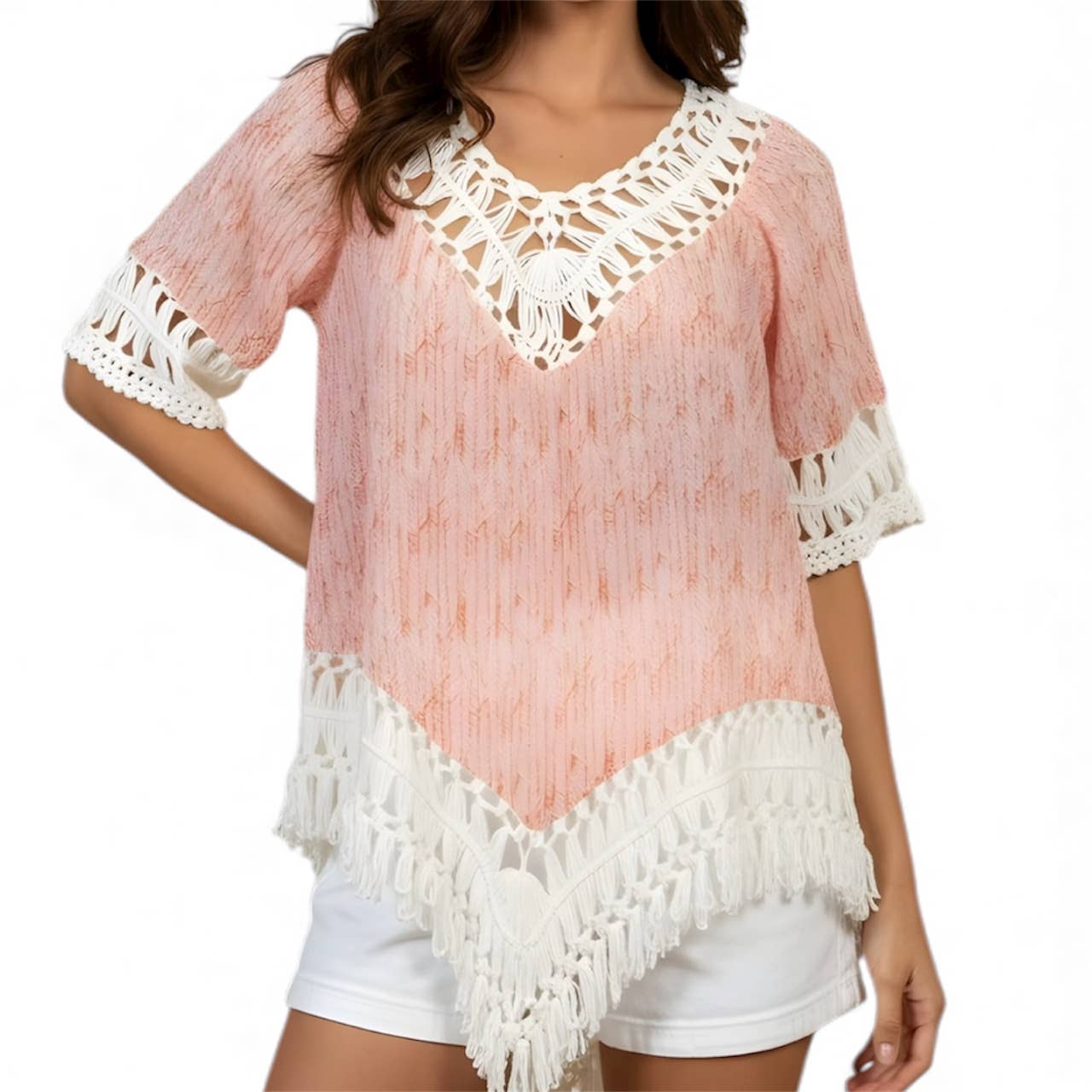 Shania Crochet Drape Blouse in Coral Navajo Print