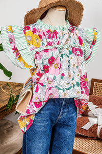 Floral Contrast Ruffle Trim Short Sleeve Blouse