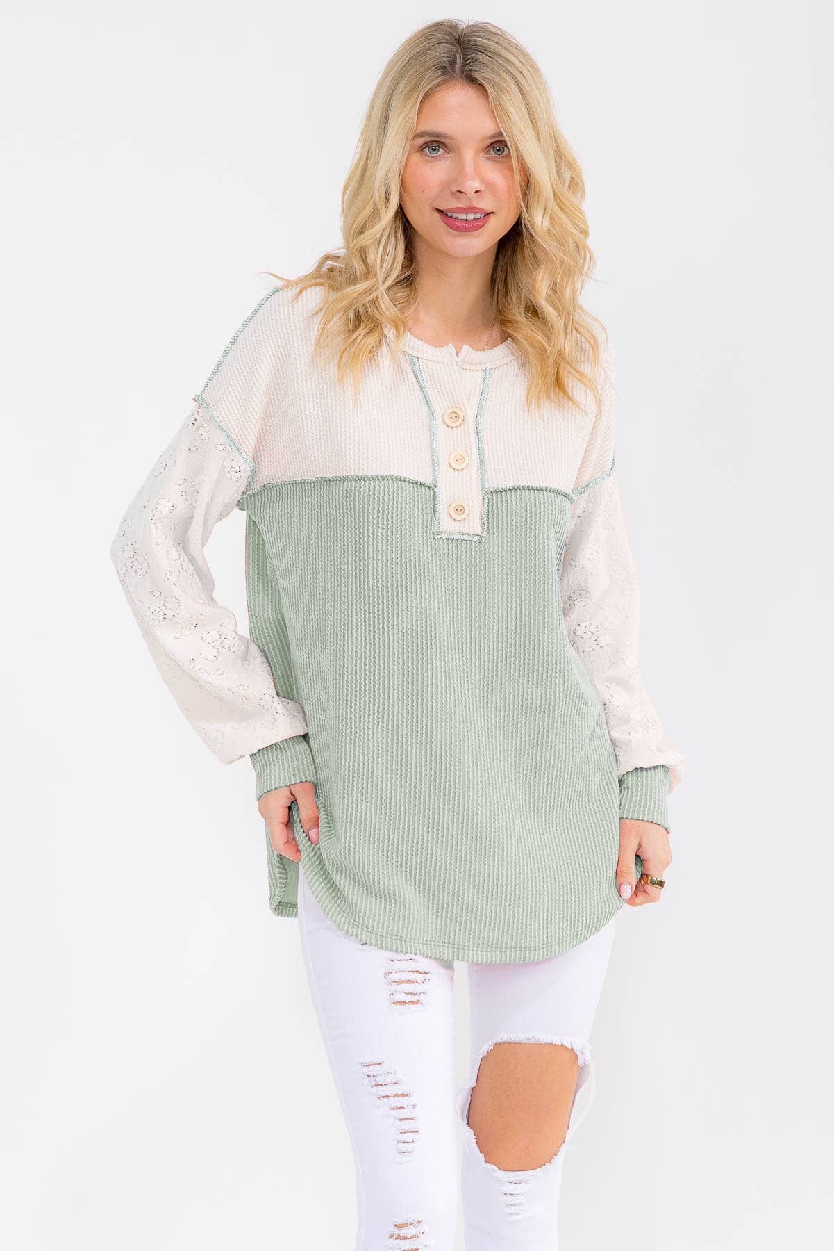 Two Tone Rib Knit Lace Sleeve Henley Top
