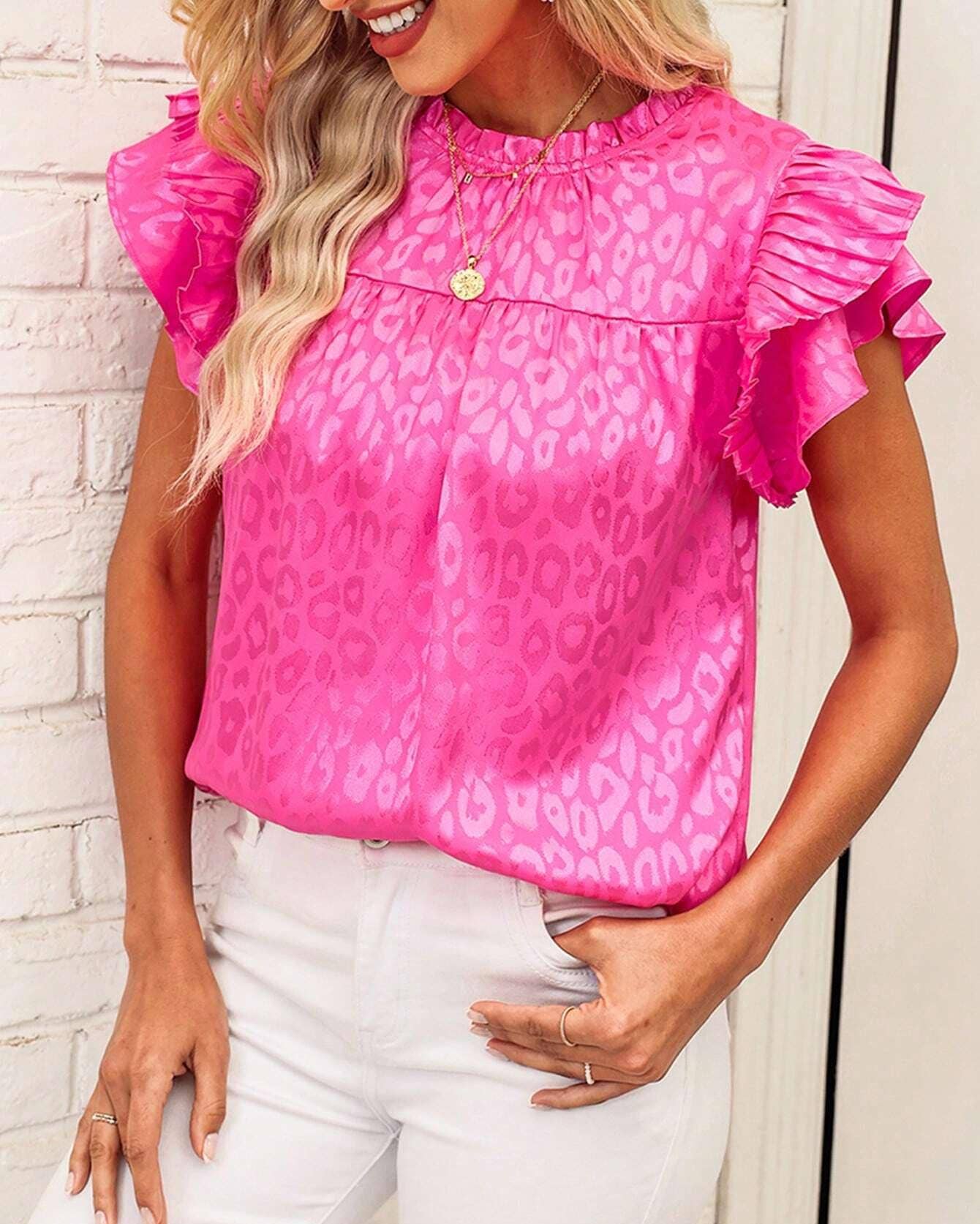 Satin Leopard top ruffle t-shirt