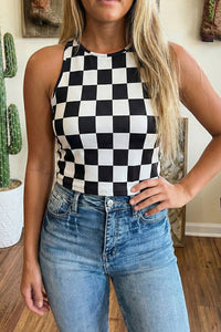 Western Black Checkerboard Printed Slim Tank Top