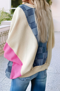 Checkered Denim Exposed Seam Patchwork Sweatshirt