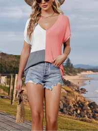 V-neck Color Blocking Hollow Short Sleeved Knitted Top