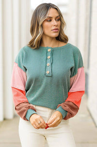Colorblock Corded Knit Long Sleeve Henley Top