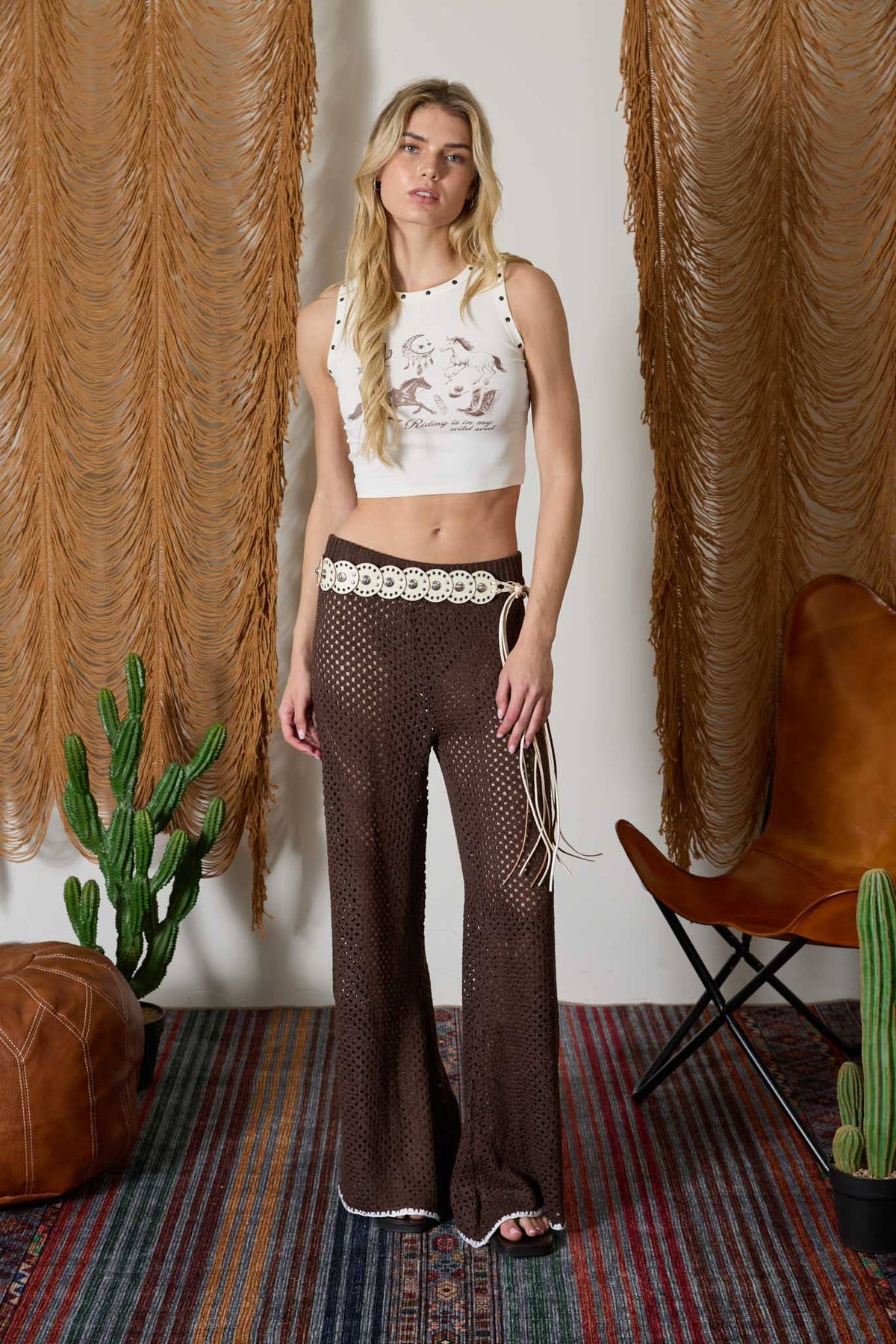 Western Graphic Stud Detail Knit Crop Top