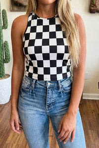 Western Black Checkerboard Printed Slim Tank Top