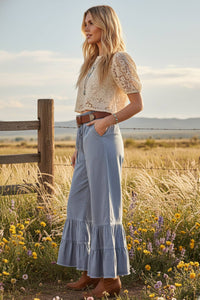 Stone Washed Woven Tiered Ruffle Wide Leg Pants