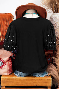 Ribbed Pearl Beaded Puff Sleeve Top
